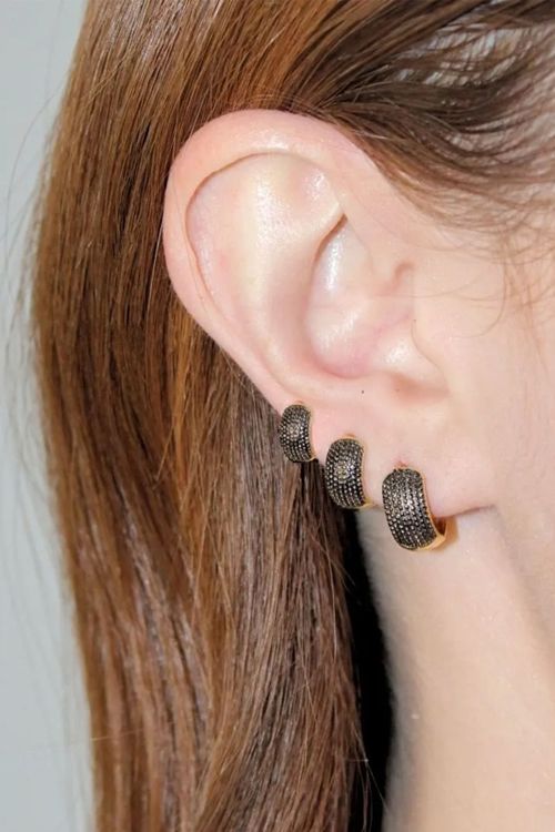 Trio De Brincos Argola Pedra Falsa Preto