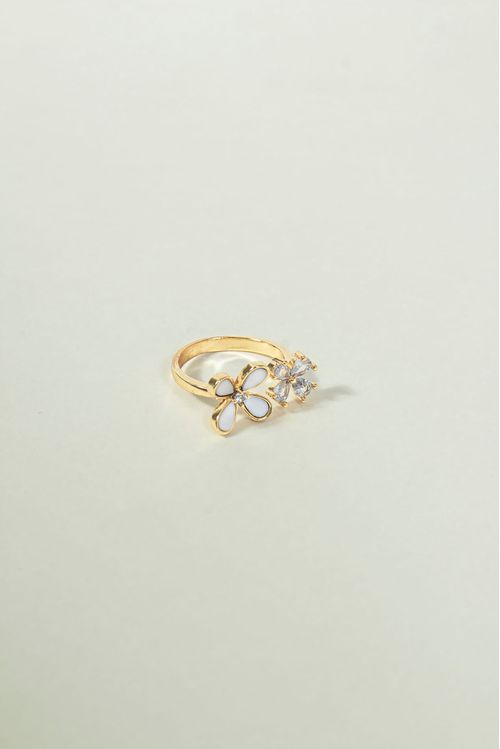 Anel Ajustável Flor Madreperola Com Zircônias