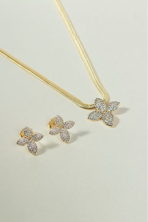Conjunto Colar e Brinco Flor em Micro Zircônias