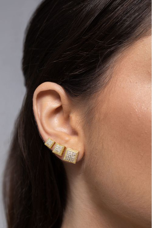 Trio de Brincos Quadrados Cravejado