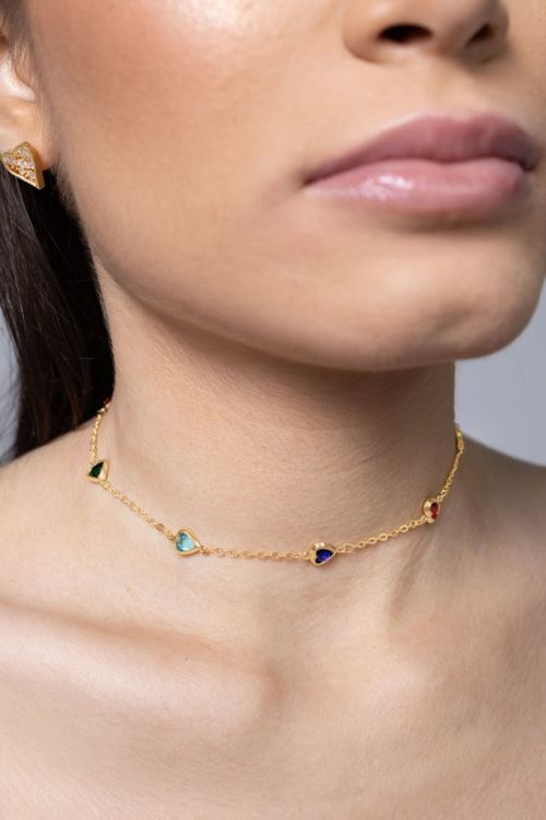 Choker Corações Pedras Coloridas