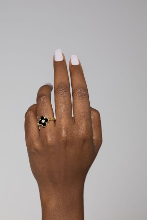 Anel Ajustável Trevo Preto Com Zircônia