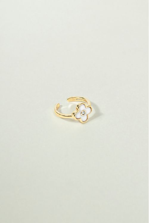 Anel Ajustável Trevo Madreperola Com Zircônia