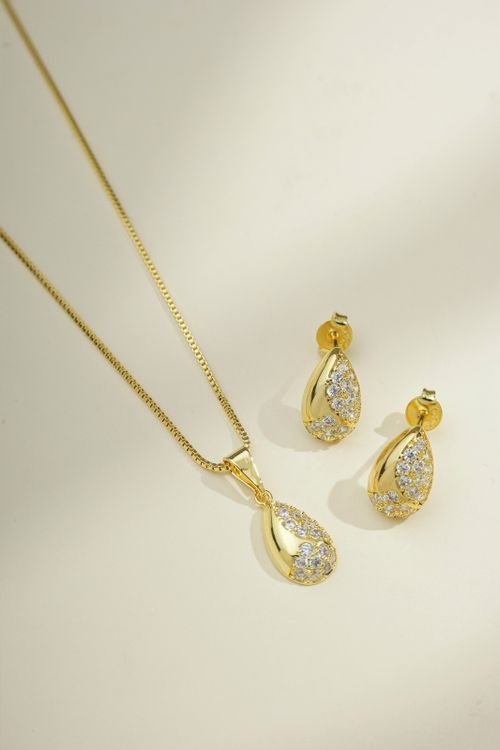 Conjunto Colar E Brinco Gota Alongada Com Detalhe Cravejada