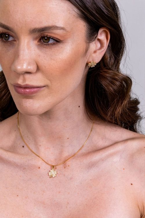 Conjunto Colar E Brinco Trevoquatro Folhas Cravejado