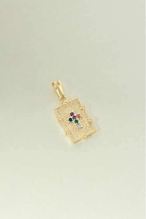Pingente Placa Com Cruz Cravejada Zircônias Coloridas