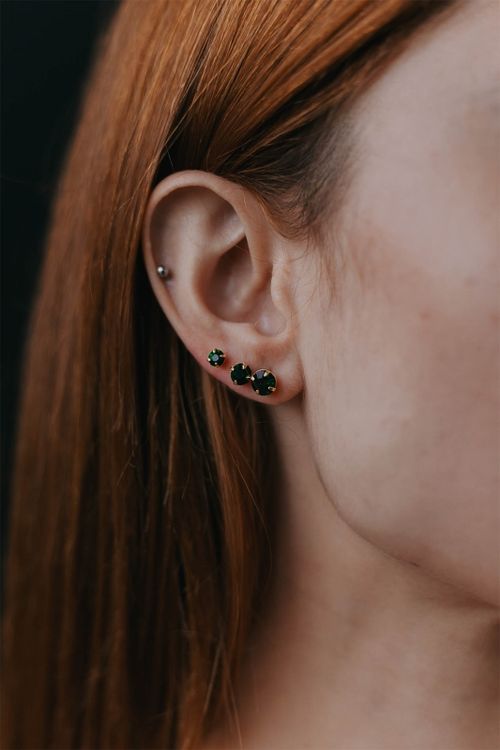 Trio De Brincos Strass Verde Escuro