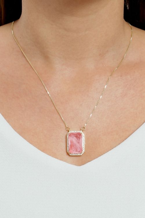 Colar Pedra Rosa Fusion e Micro Zircônias