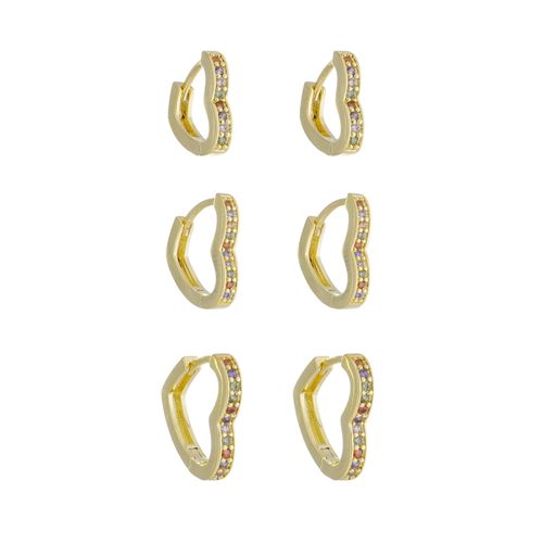 Trio De Brincos Coração Pedras De Zircônia Colorido