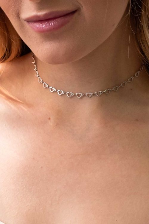 Choker Elos Corações Ródio Branco