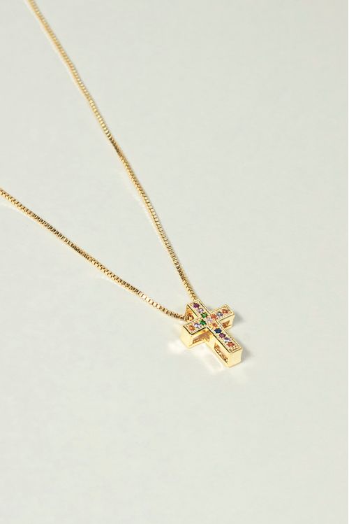 Colar Cruz Cravejado Pedras Coloridas