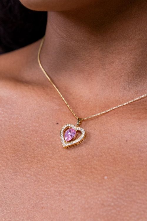 Colar Coração Cravejado e Pedra Rosa