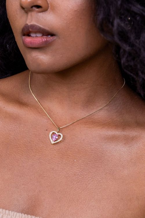 Colar Coração Cravejado e Pedra Rosa