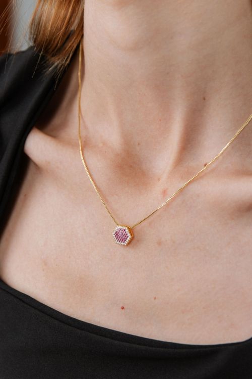 Colar Hexágono Zircônias Rosa e Cristal