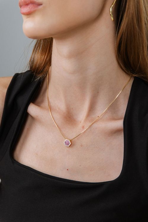 Colar Hexágono Zircônias Rosa e Cristal