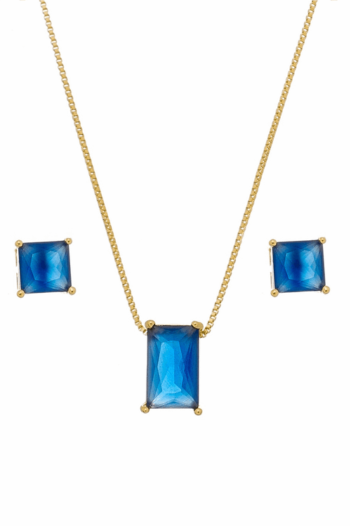Conjunto Colar E Brinco Com Pedra Azul