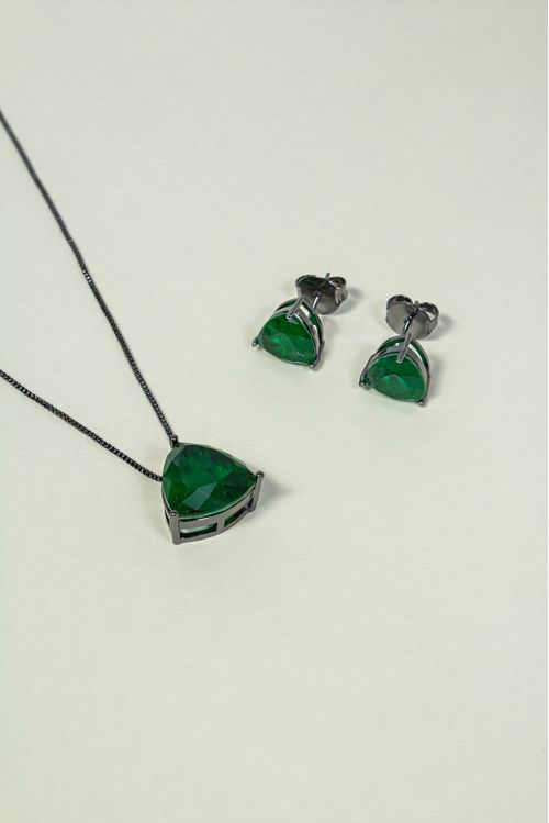 Conjunto Pedra Verde Ródio Negro