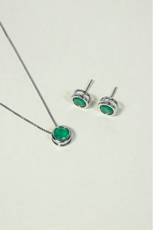 Conjunto Pedra Verde Ródio Branco