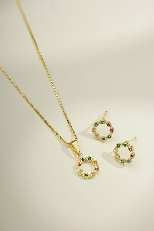 Conjunto Colar E Brinco Redondo Com Zircônias Coloridas