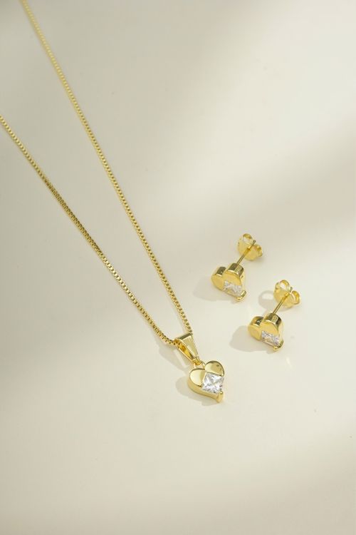 Conjunto Colar E Brinco Coração Com Zircônia