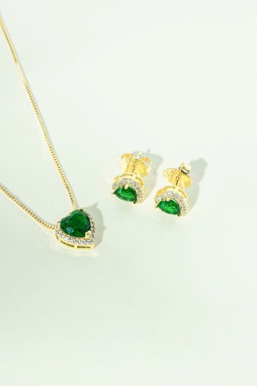Conjunto Coração Verde Cravejado