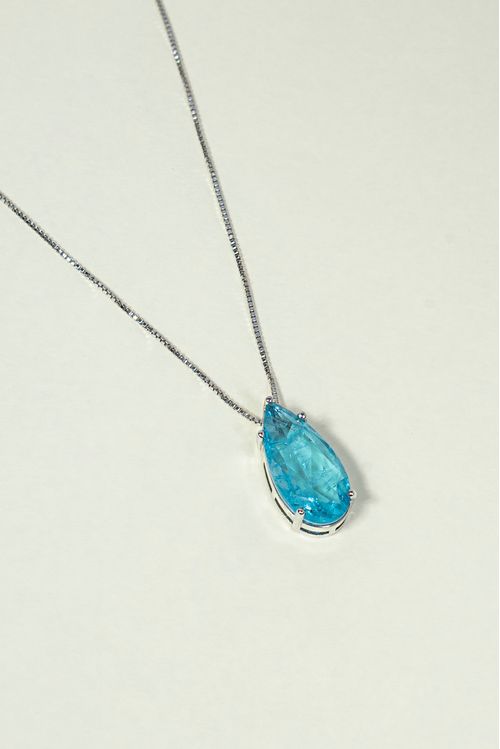 Colar Pedra Gota Azul Ródio Branco