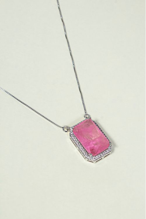 Colar Pedra Rosa Fusion Com Zircônias Ródio Branco