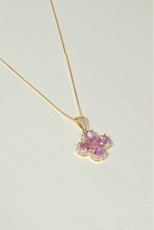 Colar Flor Com Pedras Rosa E Cravejado