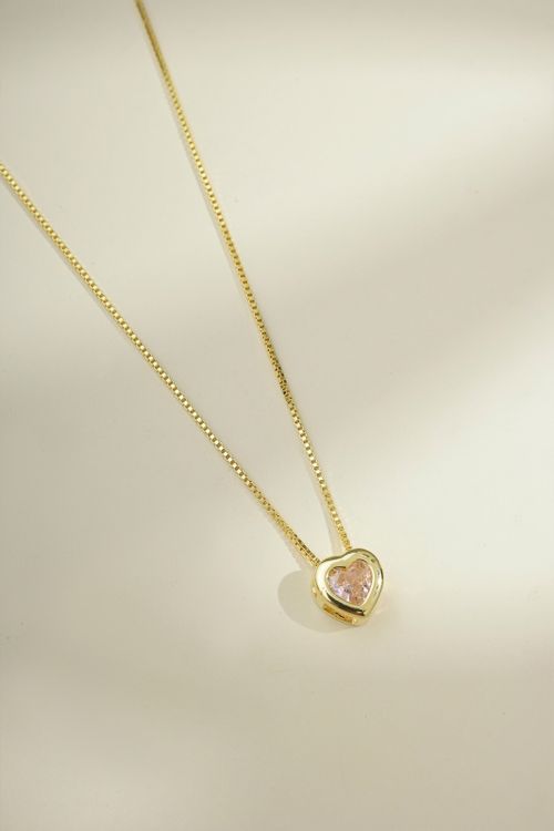 Colar Coração Com Zircônia Rosa