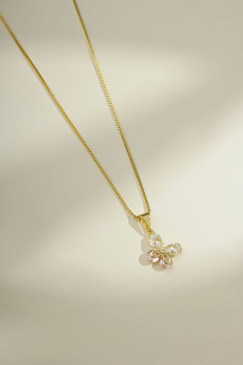 Colar Borboleta Zircônias Cristal E Rosa