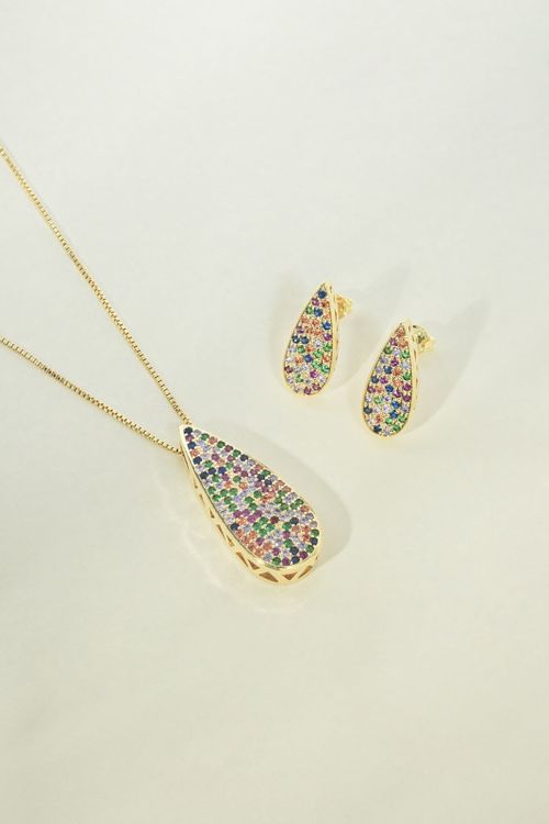Conjunto Colar E Brinco Gota Colorida Grande