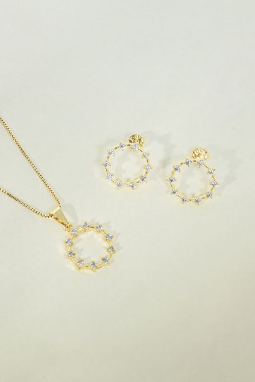Conjunto Colar E Brinco Redondo Com Zircônias Cristal