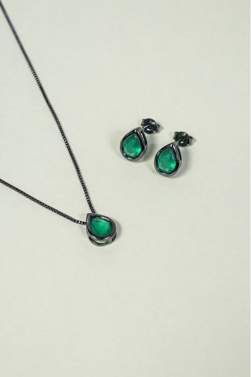 Conjunto Gota Pedra Verde Ródio Negro