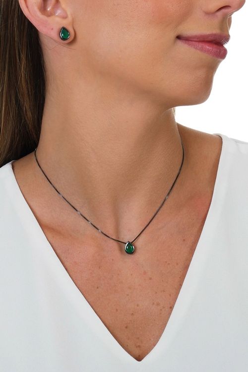 Conjunto Gota Pedra Verde Ródio Negro