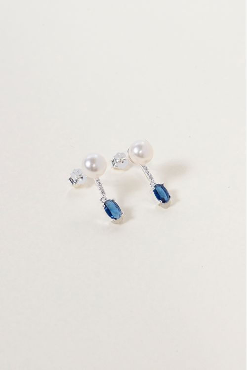 Brinco Pérola E Zircônia Azul Prata 925