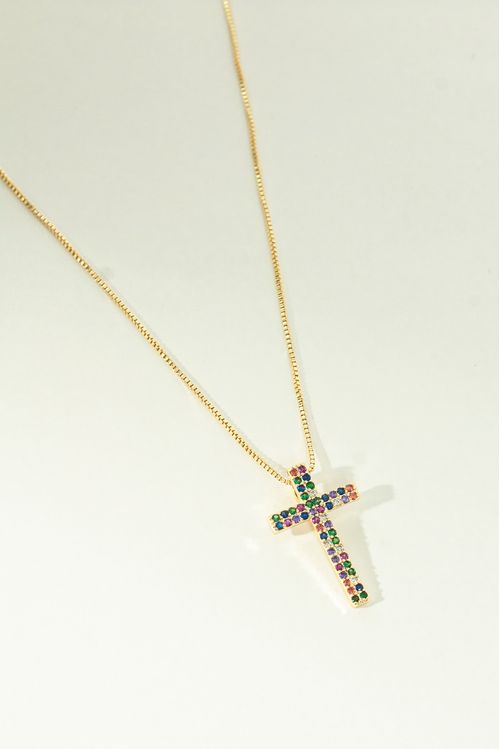 Colar Crucifixo Cravejado Colorido