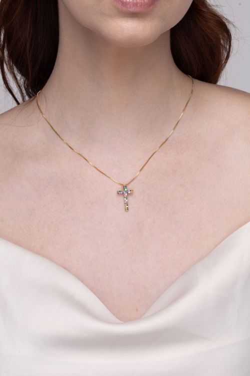 Colar Crucifixo Cravejado Colorido