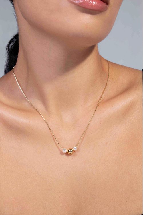 Colar Esfera Lisa E Pérolas