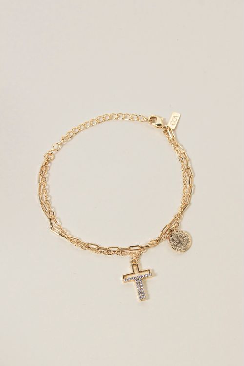 Pulseira Dupla Com Cruz Cravejada