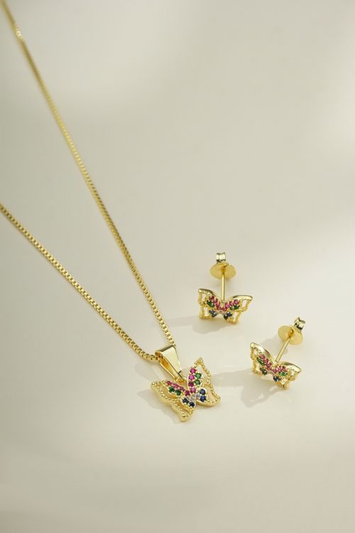 Conjunto Colar E Brinco Borboleta Com Zircônias Coloridas