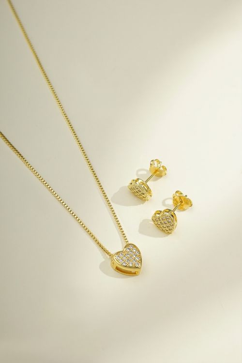 Conjunto Colar E Brinco Coração Pequeno Cravejado