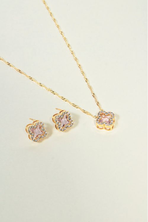 Conjunto Trevo Rosa Cravejado