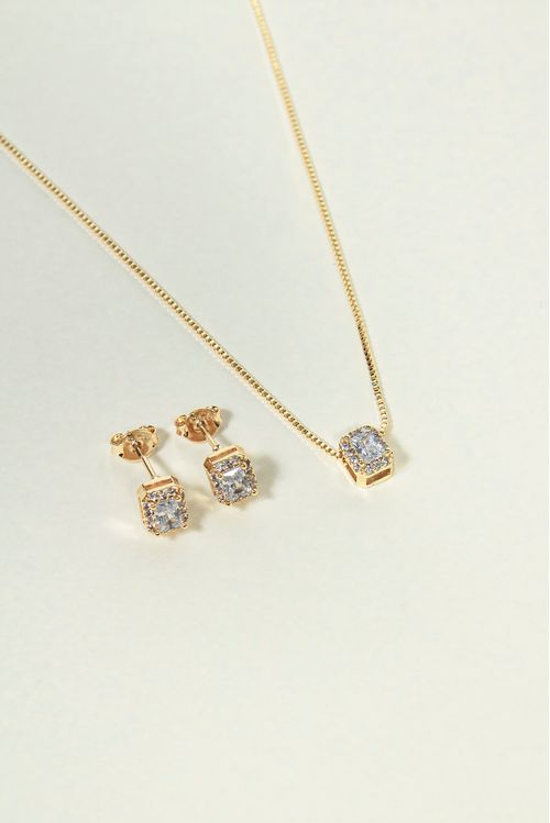 Conjunto Zircônia Quadrada Cravejado