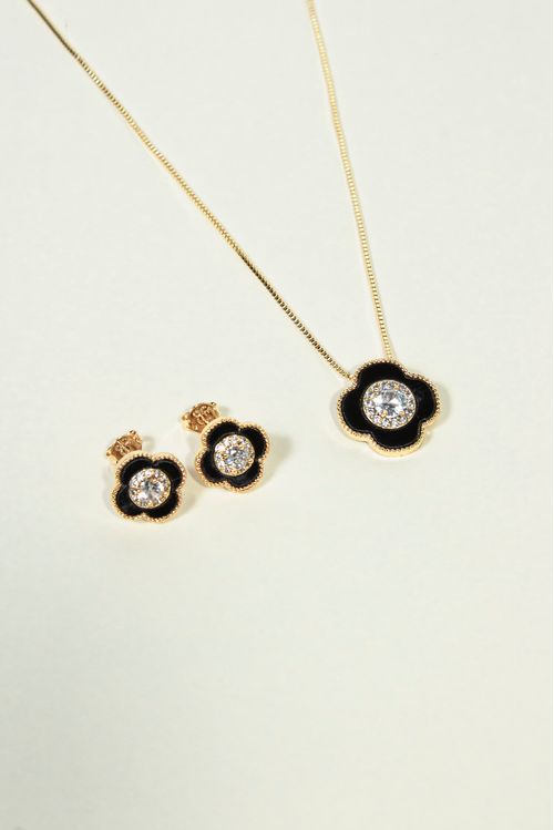 Conjunto Flor Preta Com Zircônia