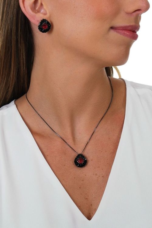 Conjunto Pedra Rubi e Preto Ródio Negro