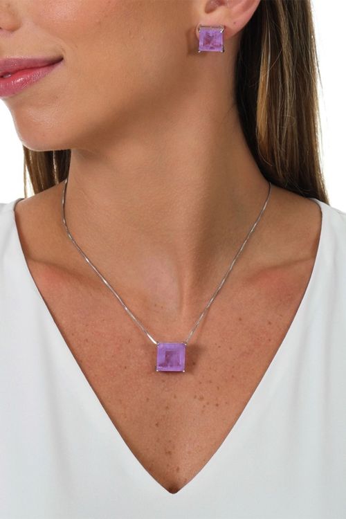 Conjunto Pedra Fusion Lilás Ródio Branco