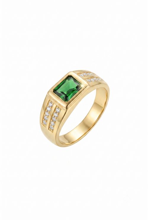 Anel Verde Retangular Cravejado Com Zircônia
