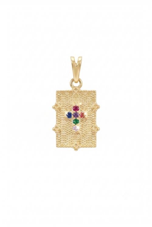 Pingente Placa Com Cruz Cravejada Zircônias Coloridas