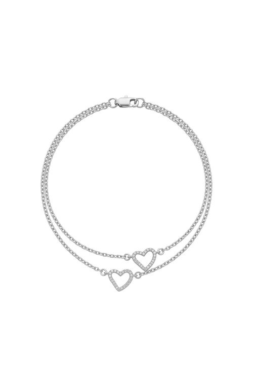 Pulseira Dupla Coração Vazado e Cravejado Ródio Branco