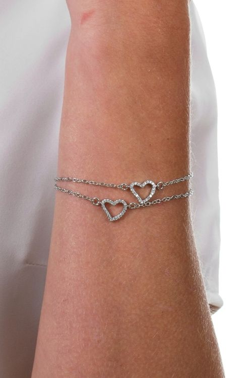 Pulseira Dupla Coração Vazado e Cravejado Ródio Branco